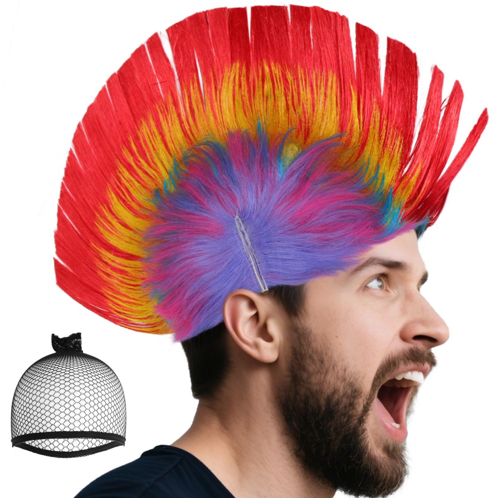 BEKIDER (+1 Hair Cap) Red Mohawk Wig 80s Punk Wigs Men Women Punk Rocker Wig Heavy Metal Funny Wigs for Women Mohican Hairstyle Coloured Hair Fancy Dress Party Halloween Costume