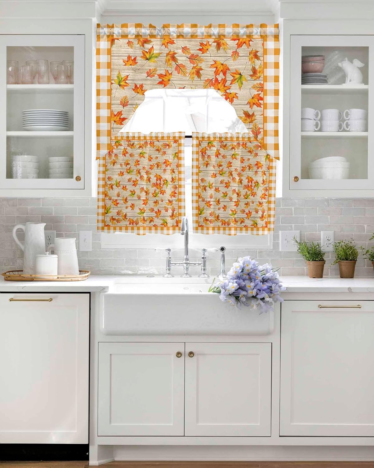 Vintage Leaves Swag Kitchen Curtain Sets with Valance,3 Pieces Rod Pocket Curtain Drapes for Bedroom Bathroom Cafe Windows,Orange Fall Autumn Maple Wood Grain Plaid 56''x36''&24''x27.5''x2Panels