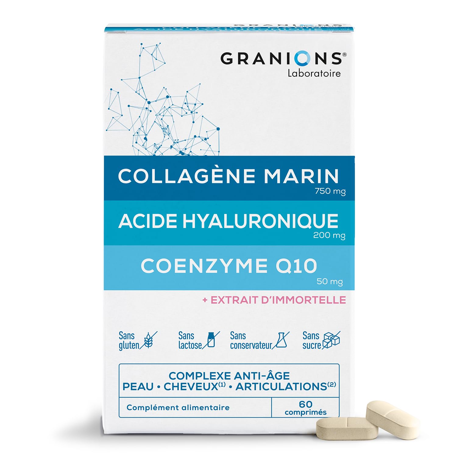 COLLAGENE MARIN-​ACIDE HYALURONIQUE-​COENZYME Q10- GRANIONS Collagène N°1 en Pharmacies - Collagene et Acide Hyaluronique- Collagene Cheveux, Peau, Articulation, Ongles -​60 Comprimés