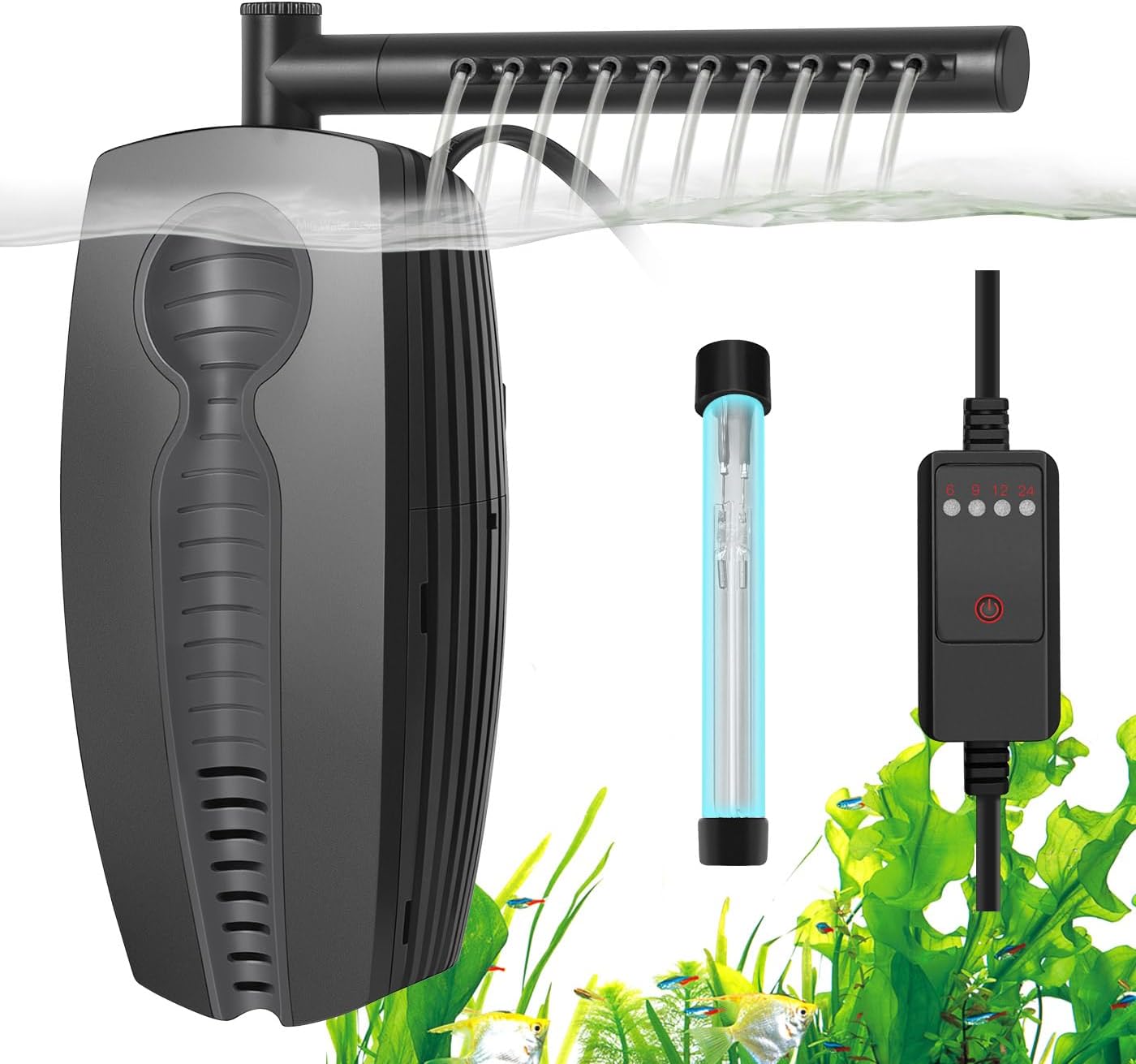 600L/H Aquarium U-V Filter with timer 8W Adjustable Fish Tank Filter Pump Submersible Internal Filter for 30-180L Tank, with Biochemical Cotton, Activated Carbon Cotton, Ceramic Balls