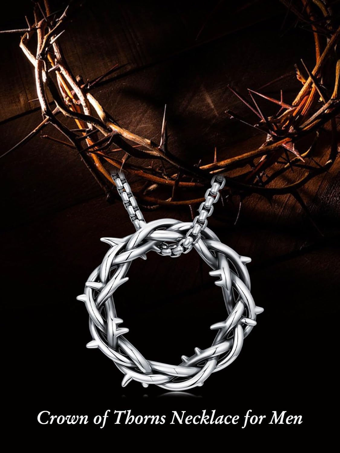 WIINICACA Cross Necklace for Men 925 Sterling Silver Cross Crown of Thorns Pendant Necklace Religion Jewelry Faith Protection Necklaces for Men Dad Son(with Gift Box)