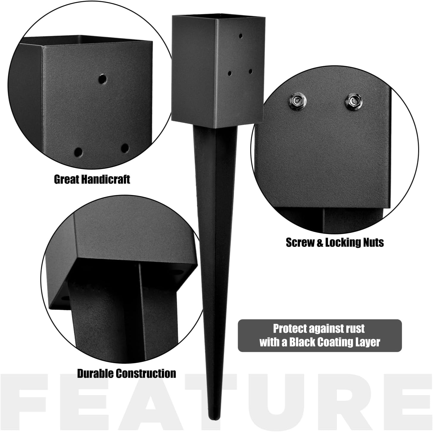 Fence Post Anchor 4''x4'', Heavy Duty Metal Fence Post Anchor Ground Spike 24''x4''x4'' for Mailbox, Bird Feeder, Decking, Banner, with The Black Powder Coating Cover on The Surface (Set 6)