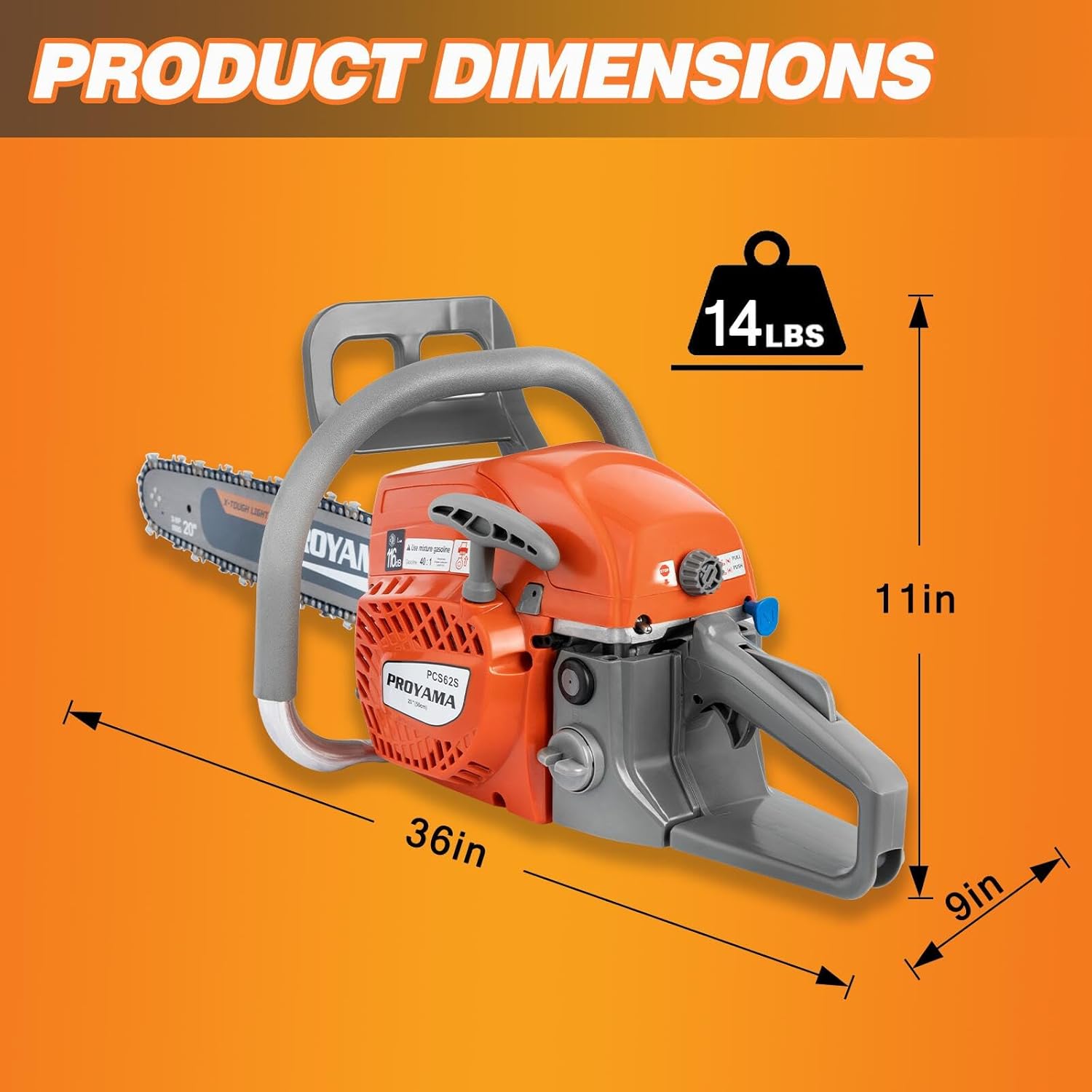 PROYAMA 62CC Gas Powered Chainsaw, 20 Inch 2-Cycle Petrol Handheld Cordless Chain Saw, Gas Chainsaws for Tree Wood Cutting