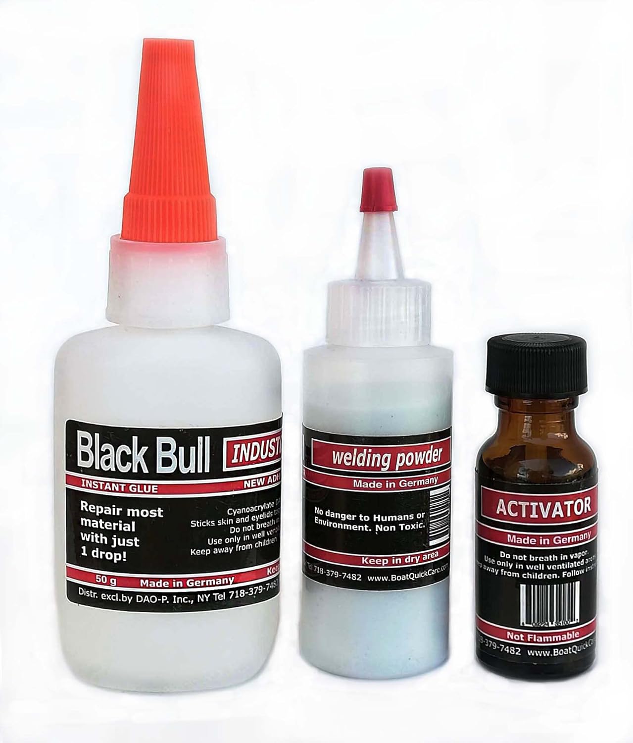Multipurpose Black Bull German Glue Industrial Kit 3 | Super-Fast, Strong Bonding, Weatherproof and High Grade Adhesive Glue Kit 3 Including Glue 50g + Welding Powder 60g + Activator 15g | Pack of 3