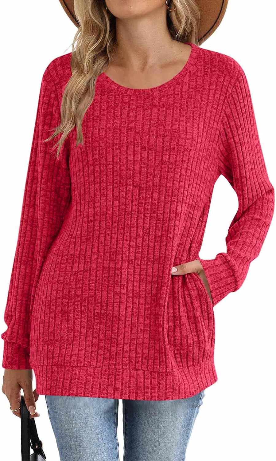 Long Sleeve Tunic Tops for Women Loose Fit Dressy Scoop Neck Knit Sweater Lightweight Cute Shirts with Pocket