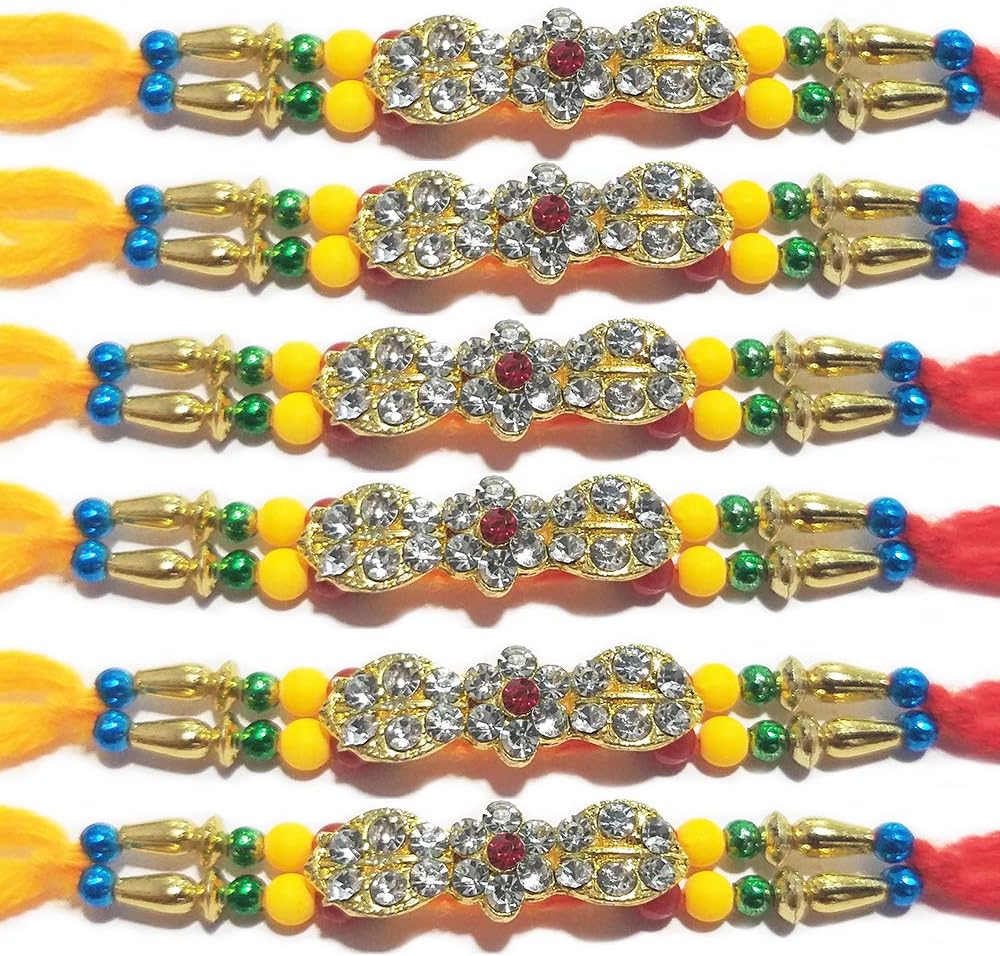 Set of 6 Rakhi for Brothers, 24 Stone Studded in Unique Shaped with Colorful Beads Design Rakhi Bracelet, Best Gift Rakh, Rakhi for bhiya, Multi Design and Assorted Color