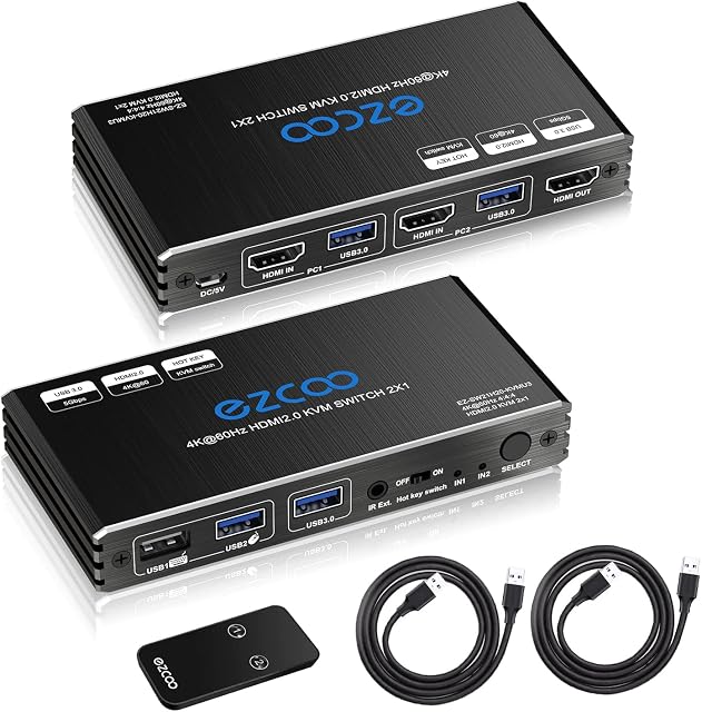 KVM Switch HDMI USB 3.0 2 Ports with Hotkey 4K 60Hz Share 2 Computers with one Keyboard Mous HDR D-olby Vision HDCP2.2 Remote Control Wireless Keyboard and Mouse Connections USB3.0 Cable Included