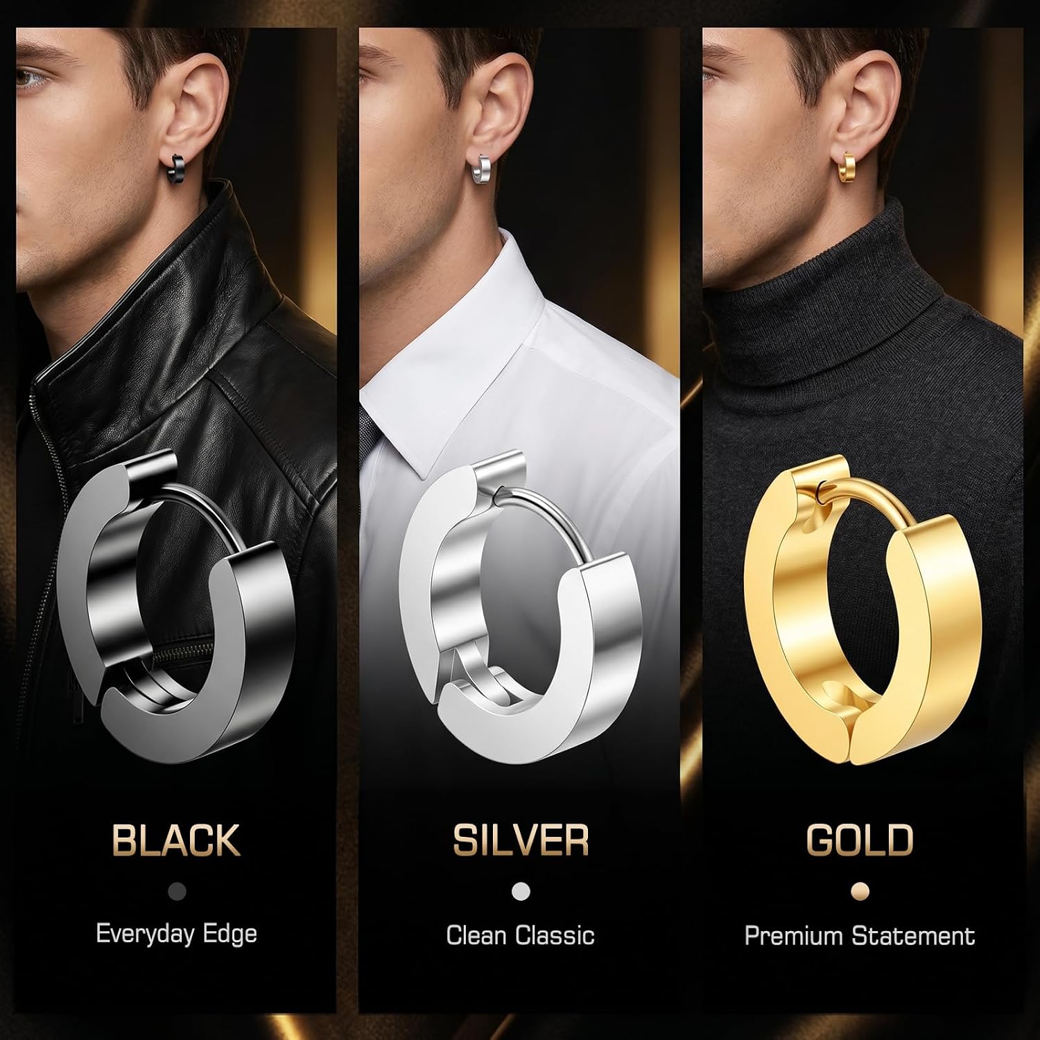 3 Pairs Stainless Steel Hoop Earrings for Men - Hypoallergenic Surgical Steel Mens Earrings Set - Small Black Silver Gold Metal Hoops