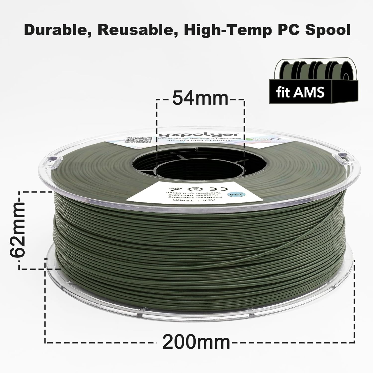 YXPOLYER ASA Filament 1.75mm 1kg Olive Drab 3D Printing Filament, UV Rain Heat Weather Resistant for Outdoor Camping Print, with AMS-Compatible Spool