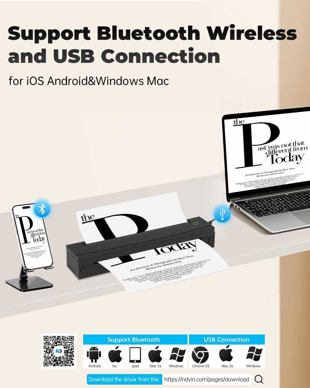 Portable Printer Wireless for Travel, D80 Thermal Printer, Inkless Printers, Compatible with iOS, Android, Laptop, Supports 8.5 x 11 US Letter & A4 & A5 for Home Use, Office, Vehicles, Black