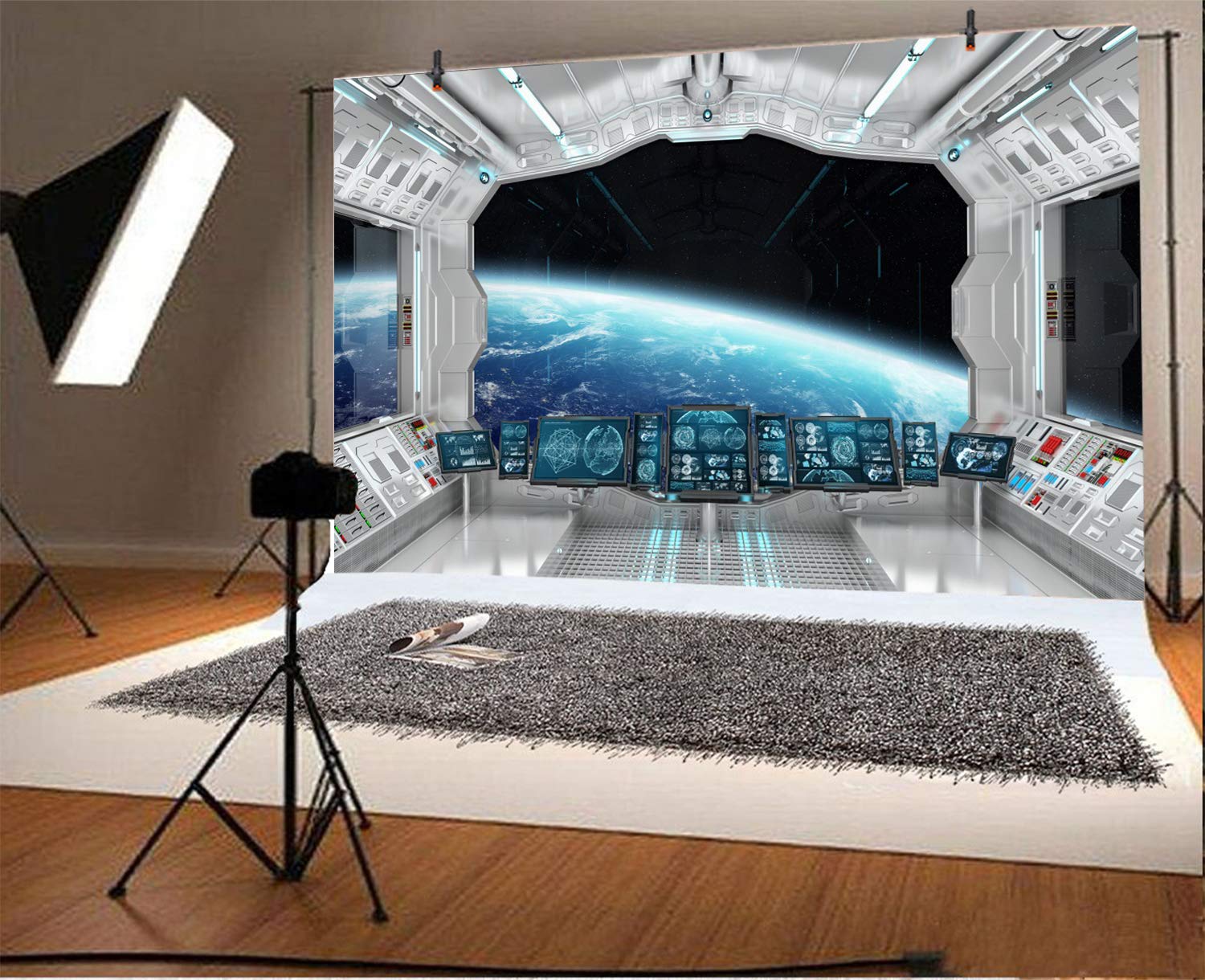 2,5x1,8m Spazio esterno sfondo fotografico Astronave finestra vista sfondo Sfondo per l'esplorazione dell'Universo con navicella spaziale Compleanno del bambino Decorazione della festa