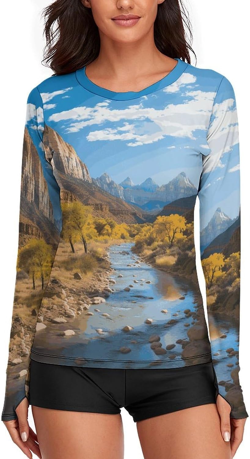 Zion National Park Rash Guard for Women UPF 50+ UV Sun Protection | Long Sleeve Workout Top Quick Dry Athletic Hiking Shirt Moisture Wicking Swim Shirt for Running, Cycling, Swimming