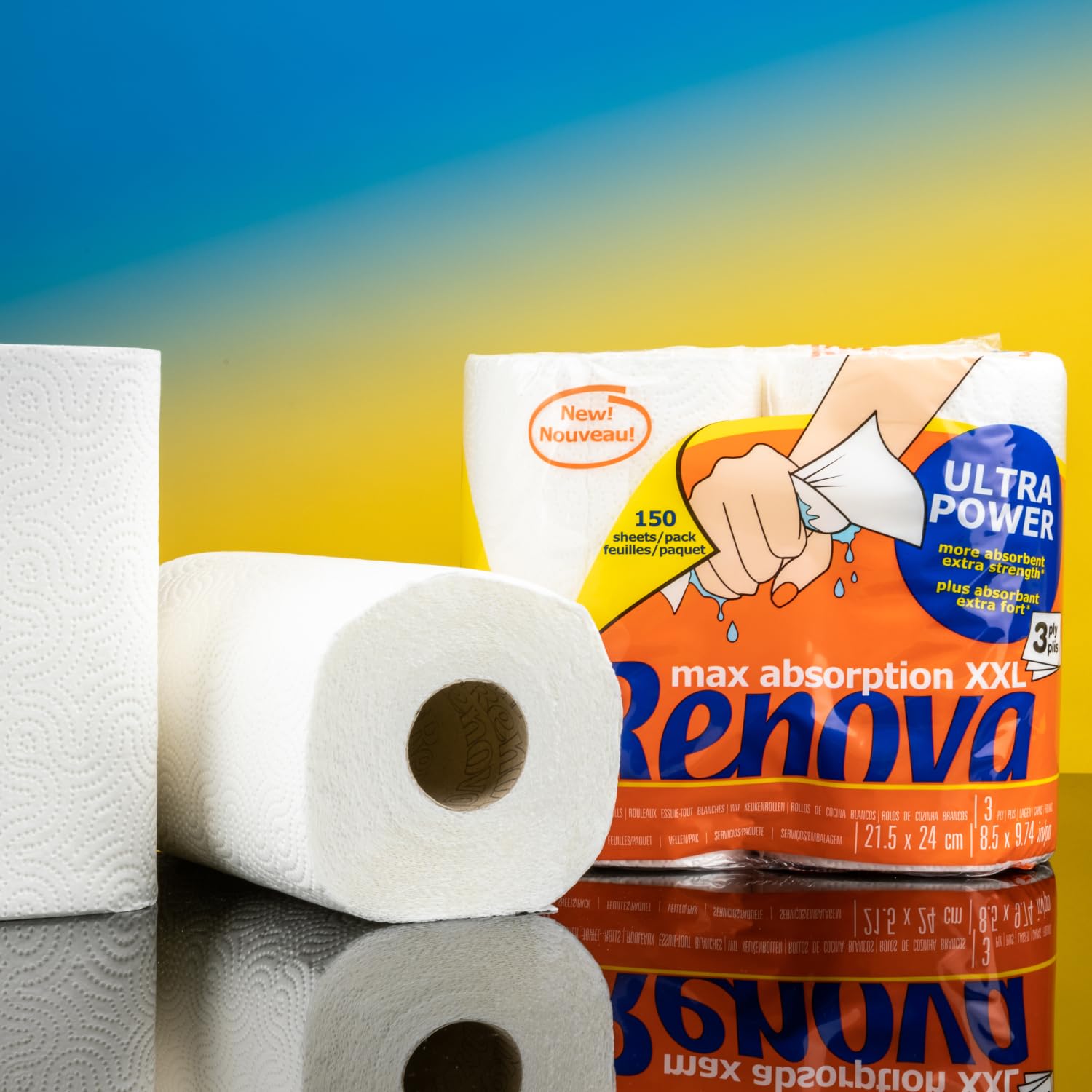 Renova Rollos de Cocina Renova UltraPower, 24 rollos XXL equivalentes a 60 rollos estándar, 3 capas absorbentes y con óptima resistencia, Papel Certificado FSC