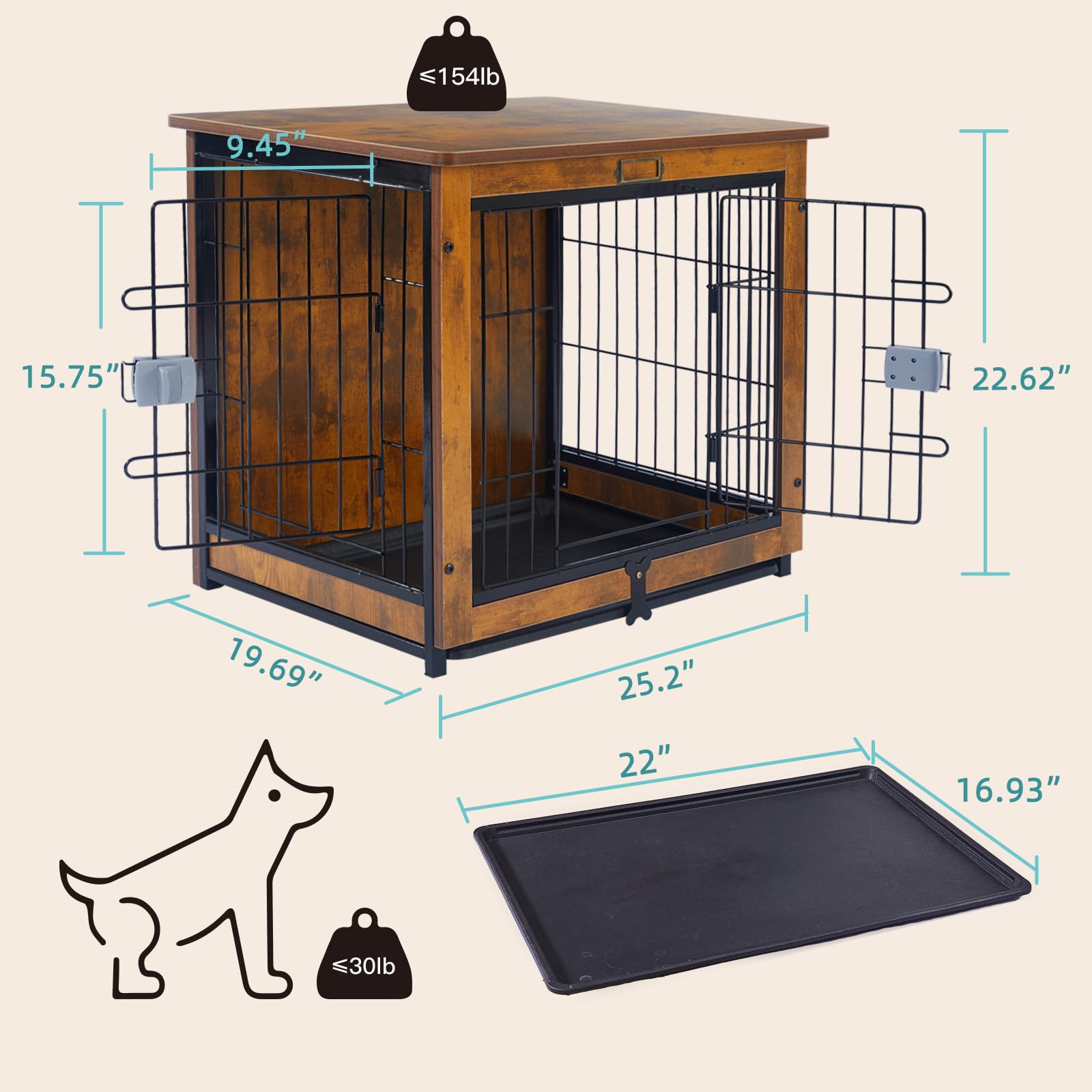 COPAW Dog Crate Furniture - 27 Inch Wooden Wire Pet Kennels with Double Doors and Removable Tray Indoor Pet House End Table Furniture Style Dog Crate for Small Medium and Large Breeds Dogs