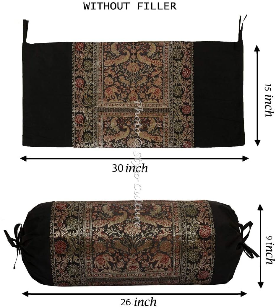 Ethnic Polydupion Cylindrical Tube Pillow Bolster Pillow Covers Black Jacquard Brocade Border Elephant Large Couch Round Cylinder Cushion Covers (Set of 2) | 30x15 Inches (76x38 cm)