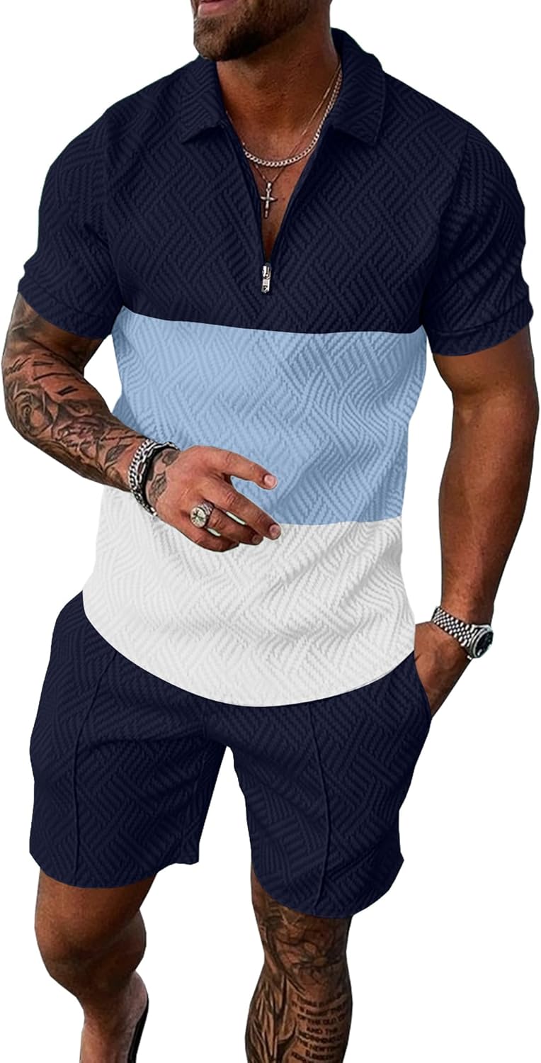 UOUA Mens Summer Track Suits 2 Piece Shorts Sets Short Sleeve Sweatsuit Outfits 1/4 Zip Golf Polo Splicing Striped Shirts