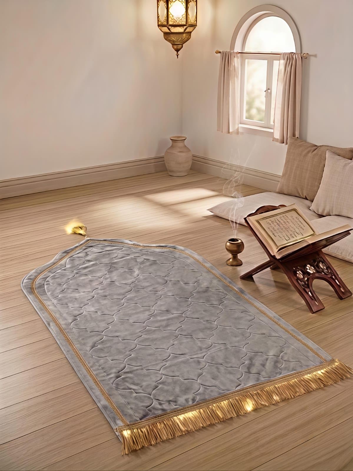 Naqsh O Numa Luxury Velvet Janamaz Prayer Mat with Golden Lace & Fringe Tassel | Premium Soft Musalla Islamic Namaz Rug for Men & Women | Perfect for Daily Prayer & Gifting Purpose (Grey)-image-18