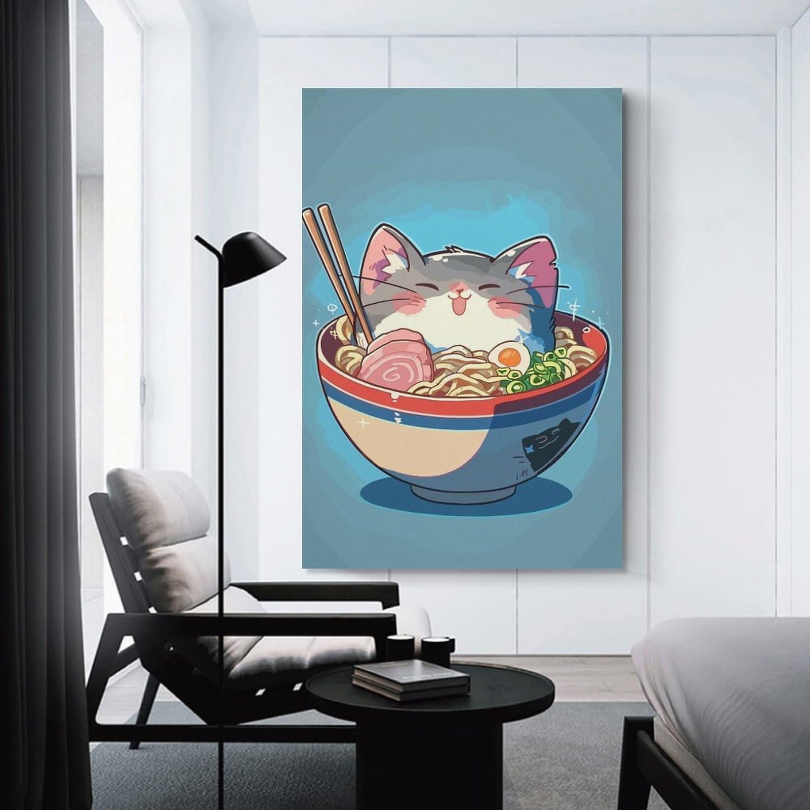 Junmoney Decorative Wall Artwork Anime Ramen Noodle Cat, 24x36inch(60x90cm), for Living Room, Lounge Or Sitting Room, Modern Wall Decor for Cosy Interiors