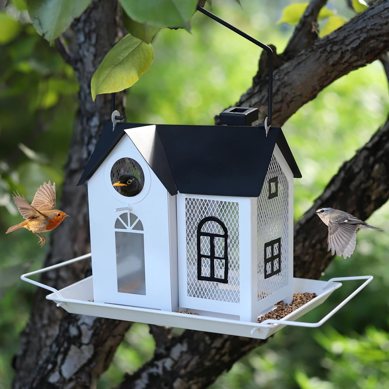 Solar Bird Feeder for Outdoors – White Metal Hanging Bird Feeder with Solar Light, Decorative Bird House Feeder for Cardinals, Finches, and Wild Birds, Weatherproof Backyard Garden Decor - Image 9