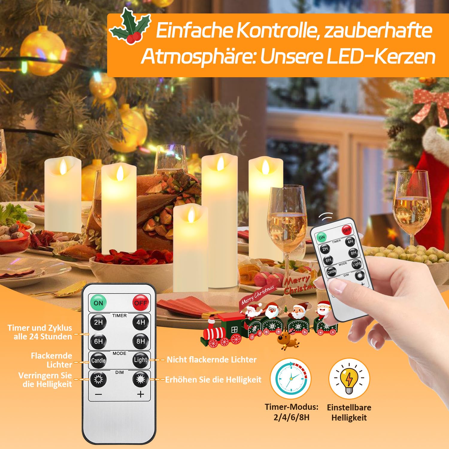 Velas LED con temporizador, juego de 5 unidades, cera real con