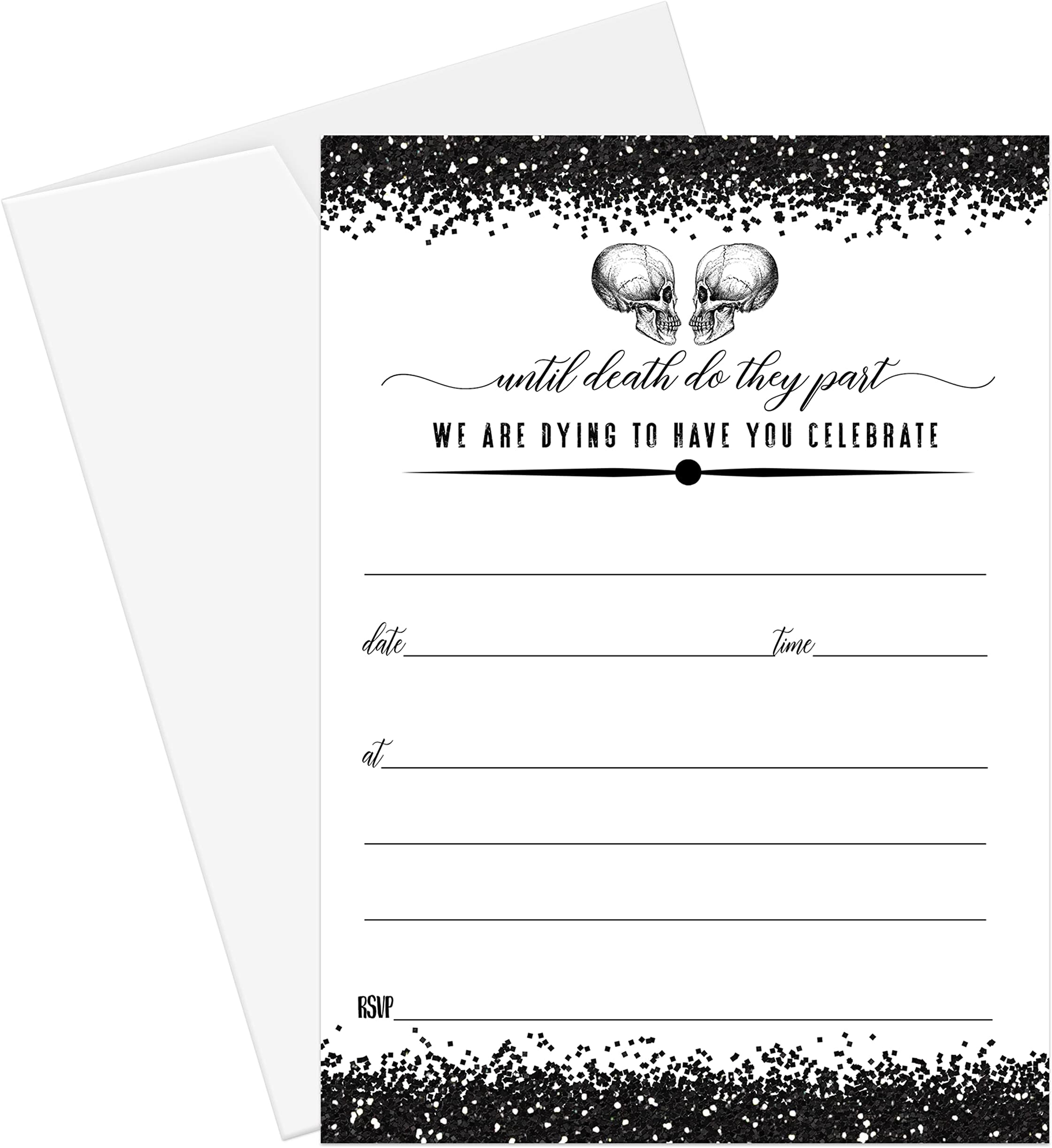 Glam Skull Wedding Invitations with Envelopes (25 Pack) Blank Invites Black and White - Halloween Bridal Shower - Engagement - Until Death Gothic Themed – 5x7 Card Set Printed Paper Clever Party