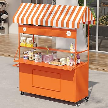 Mobile Food Vendor Cart with Wheels Portable Cart with Canopy, Creative Iron Food Carts Display Stand, Outdoor Vendor Carts Market Stall for Street/EventsOrange,120cm/47.2in