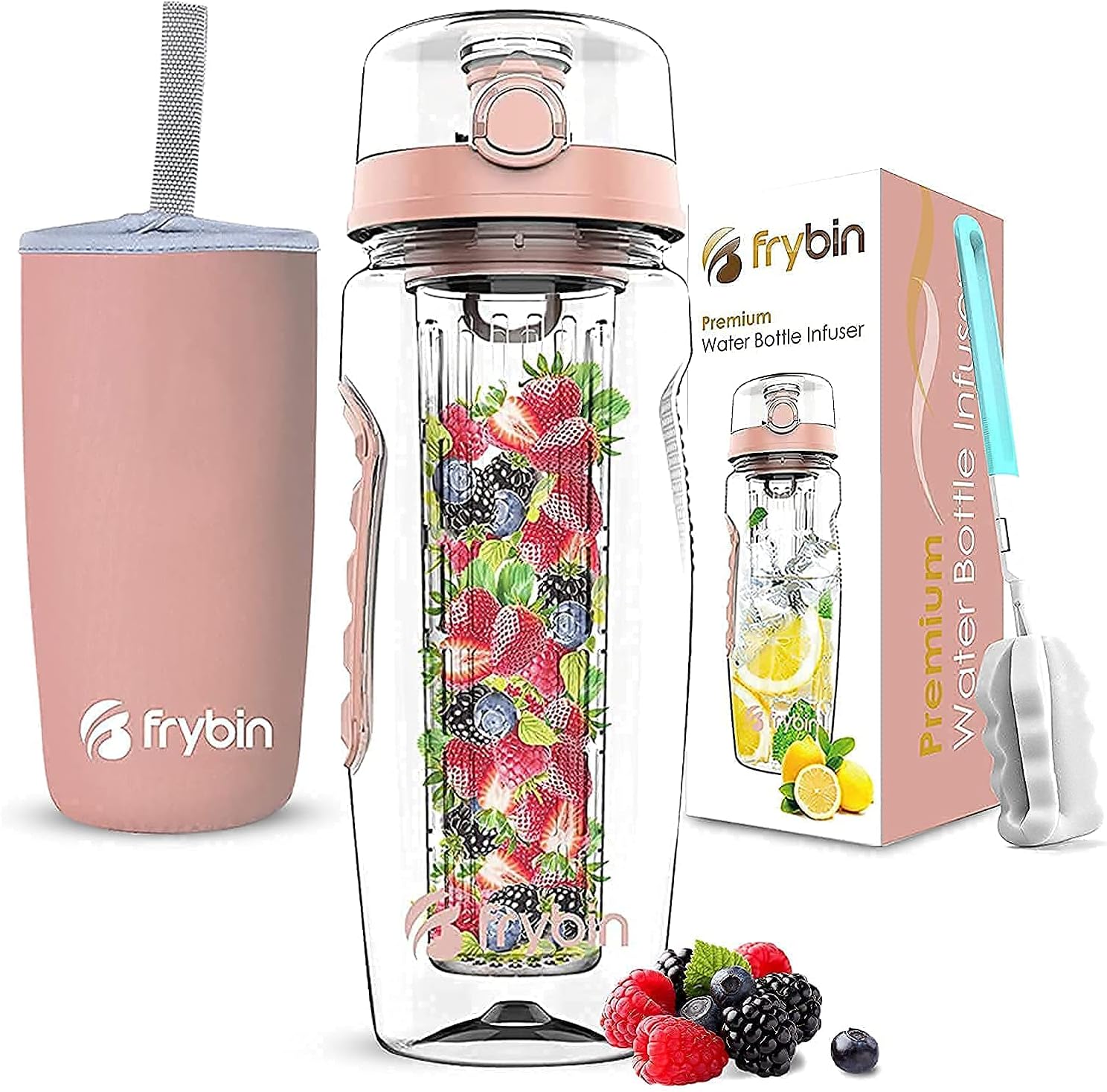 Fruit Infuser Water Bottle | Removable Infusion Basket for Flavor | Bonus Brush and Sleeve for Freshness | Made of Durable TRITAN Plastic | BPA Free Water Infuser Bottle, 32 Ounce (Rose)