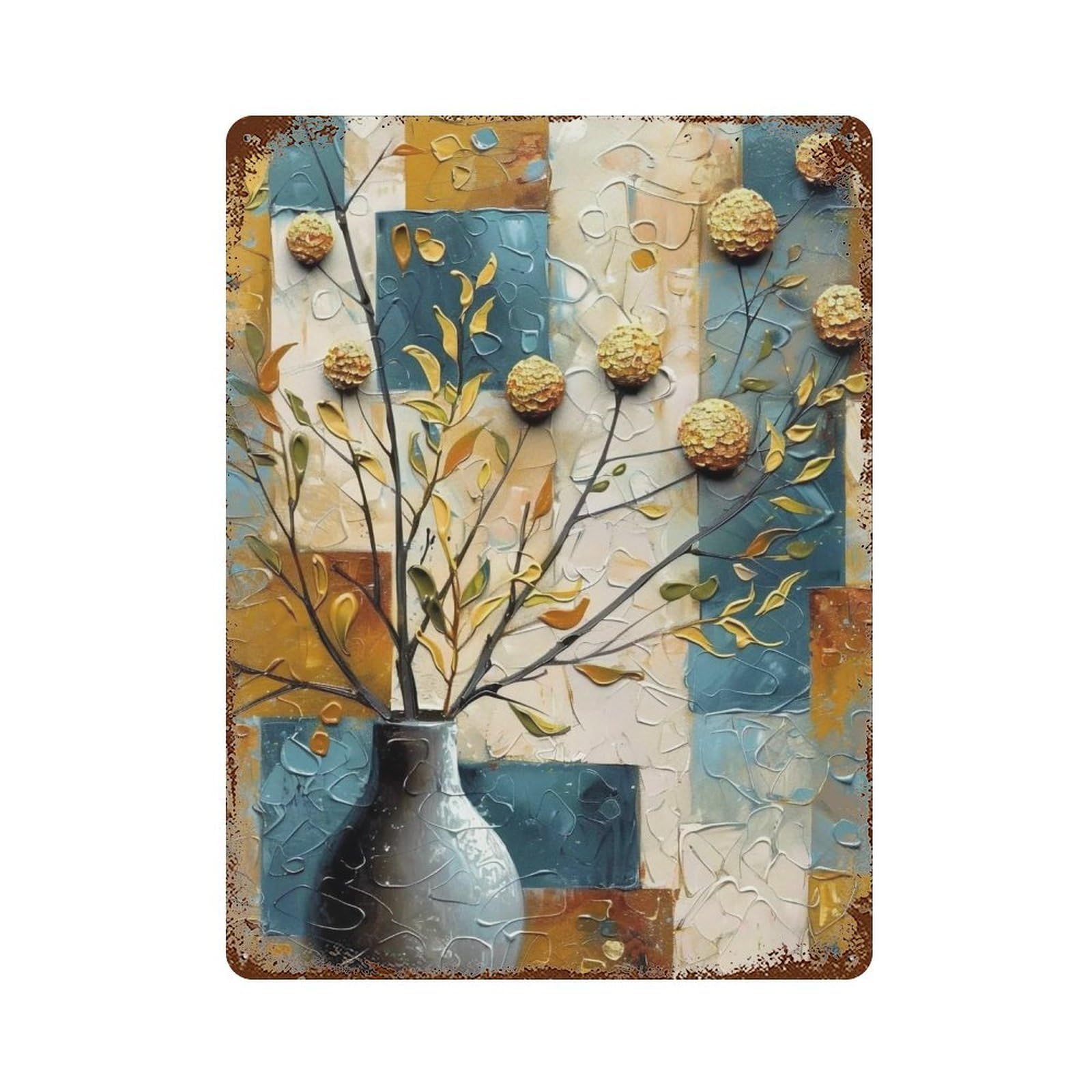 WUJHGRSG Impasto Abstract Geometric Golden Blooms 01 Wall Art Retro Iron Vintage Metal Tin Sign Poster Modern Decor for Home Cofffee Club Bar Shop Style 40x30cm