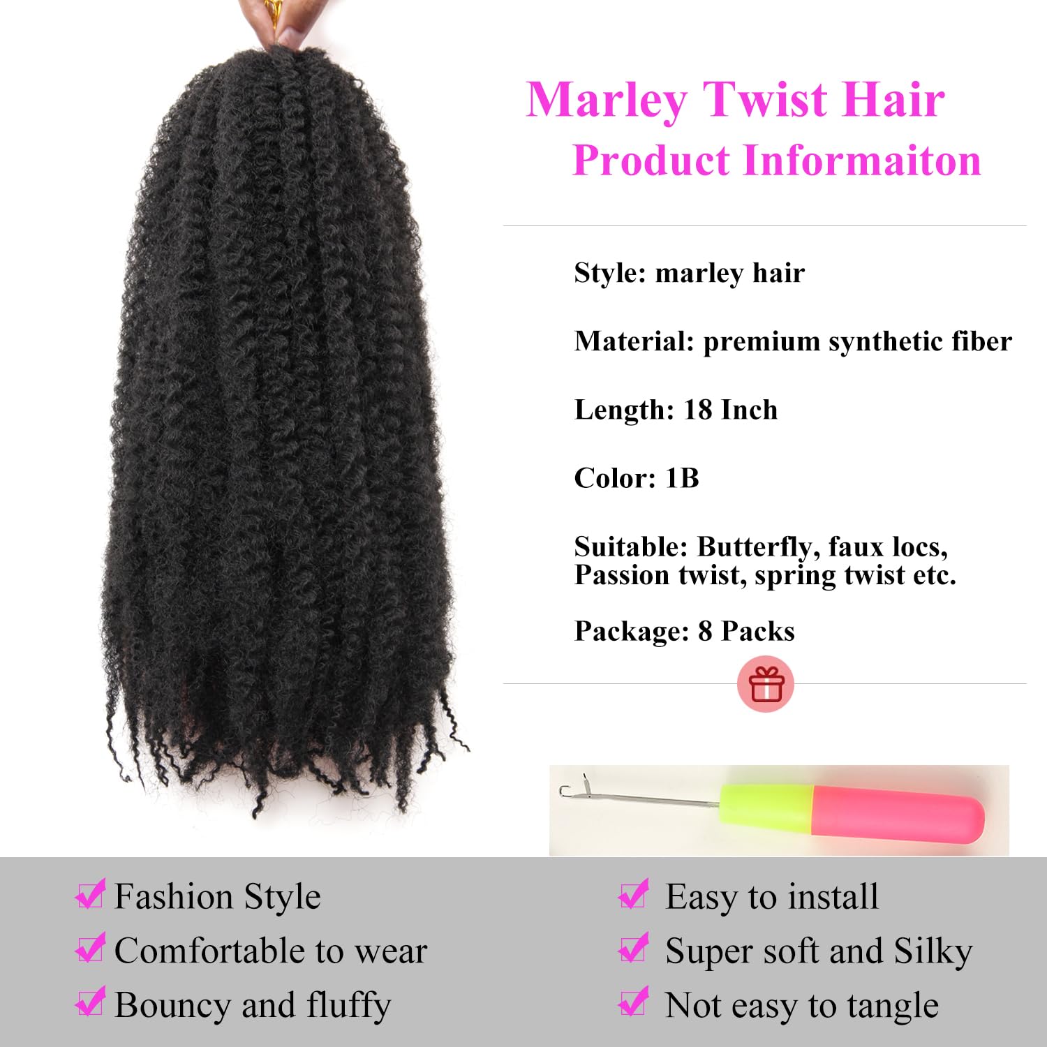 Marley Twist BraidIng Hair, Cuban Twist, 18 In,8 Packs,1B | Cuban Twist Hair, Marley Braiding Hair, Afro Kinky Texture, Faux Locs, Crochet Braids, Synthetic Braiding Hair Extensions