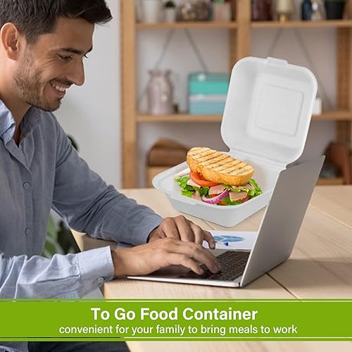 Miniatura 3 de greensight To Go Contenedores desechables de 6 x 6, paquete de 100 recipientes de alimentos con concha, cajas compostables para llevar, contenedores