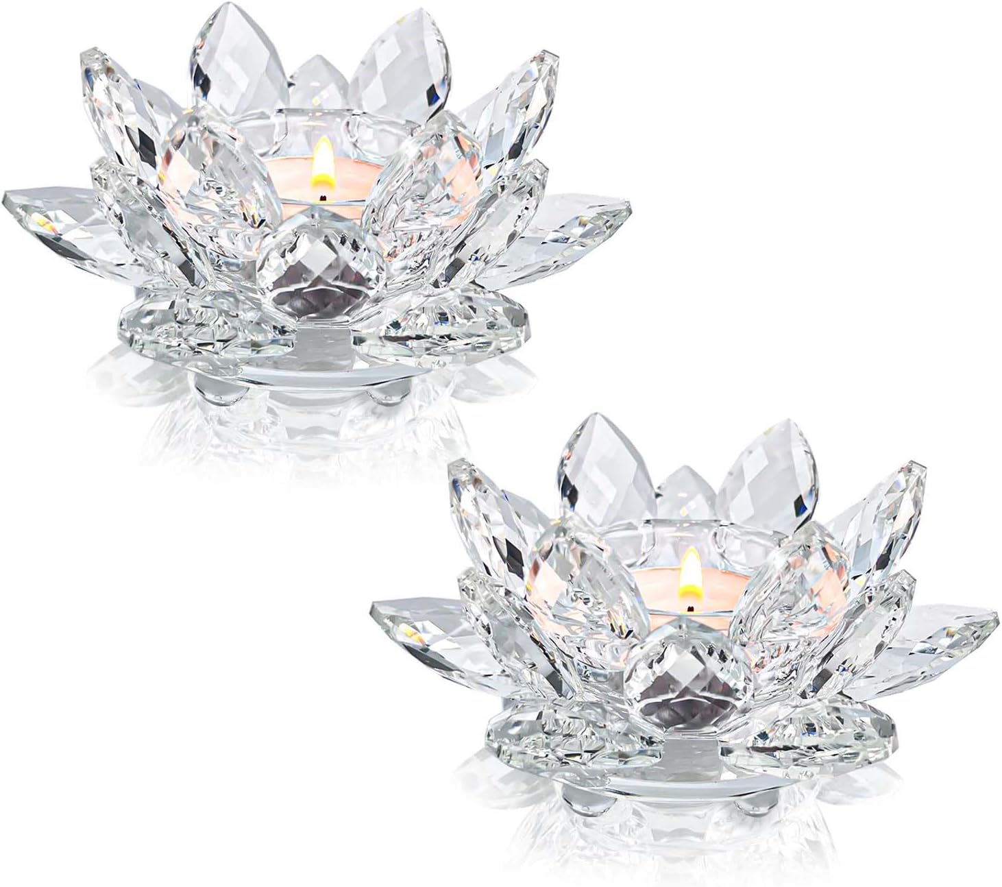 Crystal Lotus Flower Tealight Candle Holders/Glass Tea Light Candlestick Decor Decoration for Christmas Home Wedding Partyโฆ (Clean 2pcs)