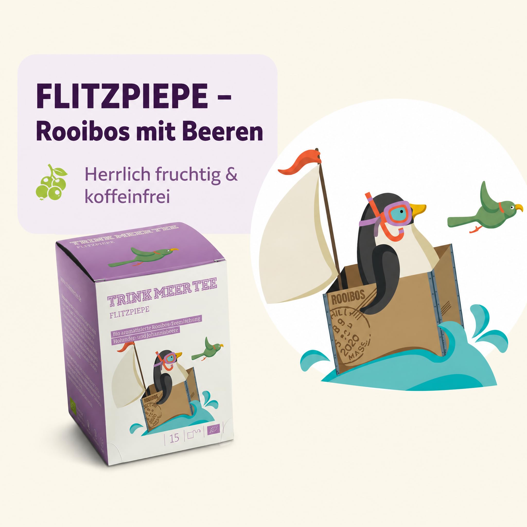 6 x Trink Meer Tee Flitzpiepe, Premium Rooibos Tee, 6x15 Kissenbeutel | Koffeinfreier Premium Früchtetee mit Holunder und Johannisbeere – vegan, glutenfrei, laktosefrei, für jeden Moment