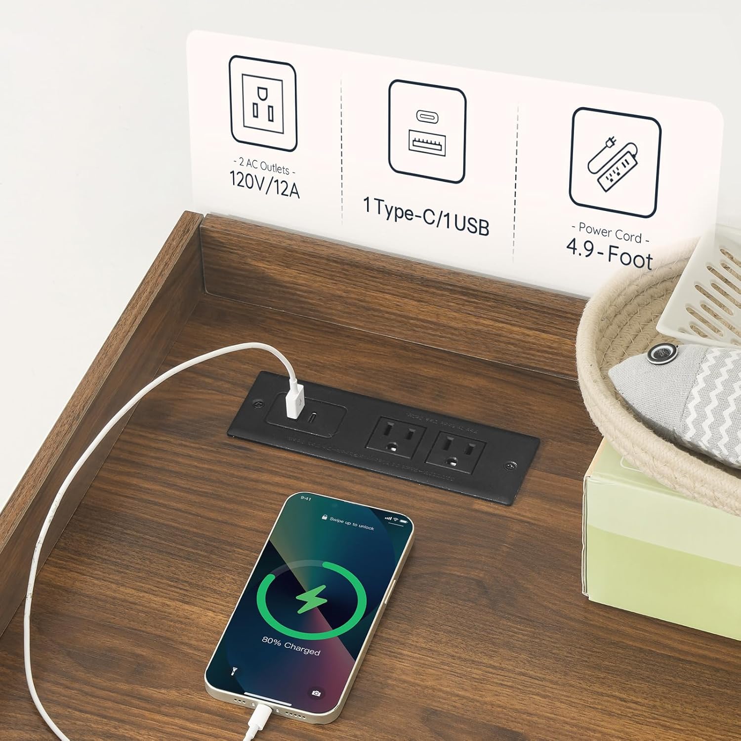 HOOBRO Automatic Litter Box Furniture for Large Capacity, Large Robotic Litter Box Cabinet with Charging Station and Hooks, Cat Litter Box Enclosure with Storage Top, White and Walnut WH89UMW01N2