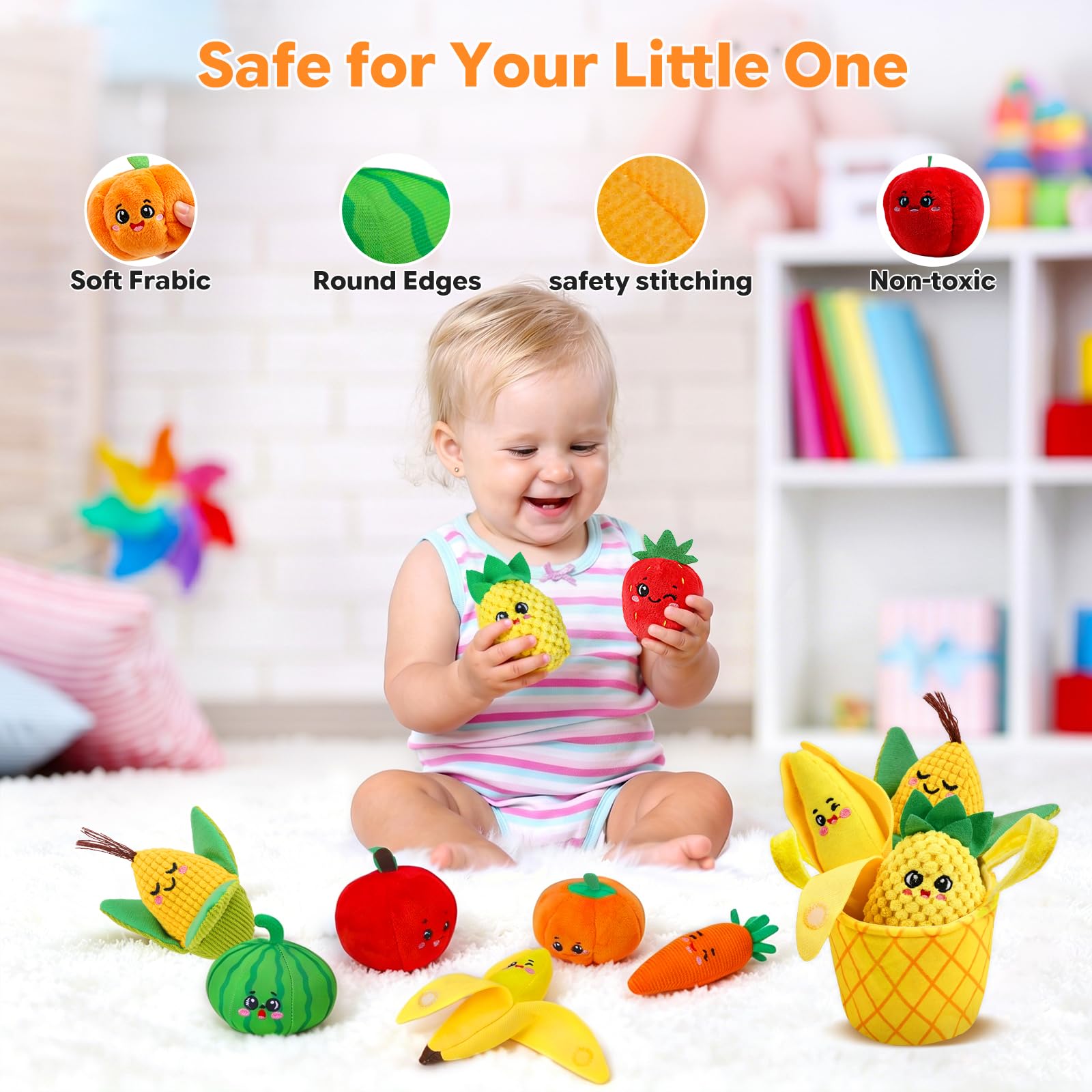 Jouets pour bébé de 6 à 12 mois, ensemble de jouets sensoriels pour fruits et légumes avec hochet, paniers froissés et de tri des couleurs, ensemble de 16 jouets Montessori à moteur fin pour 6 à 18