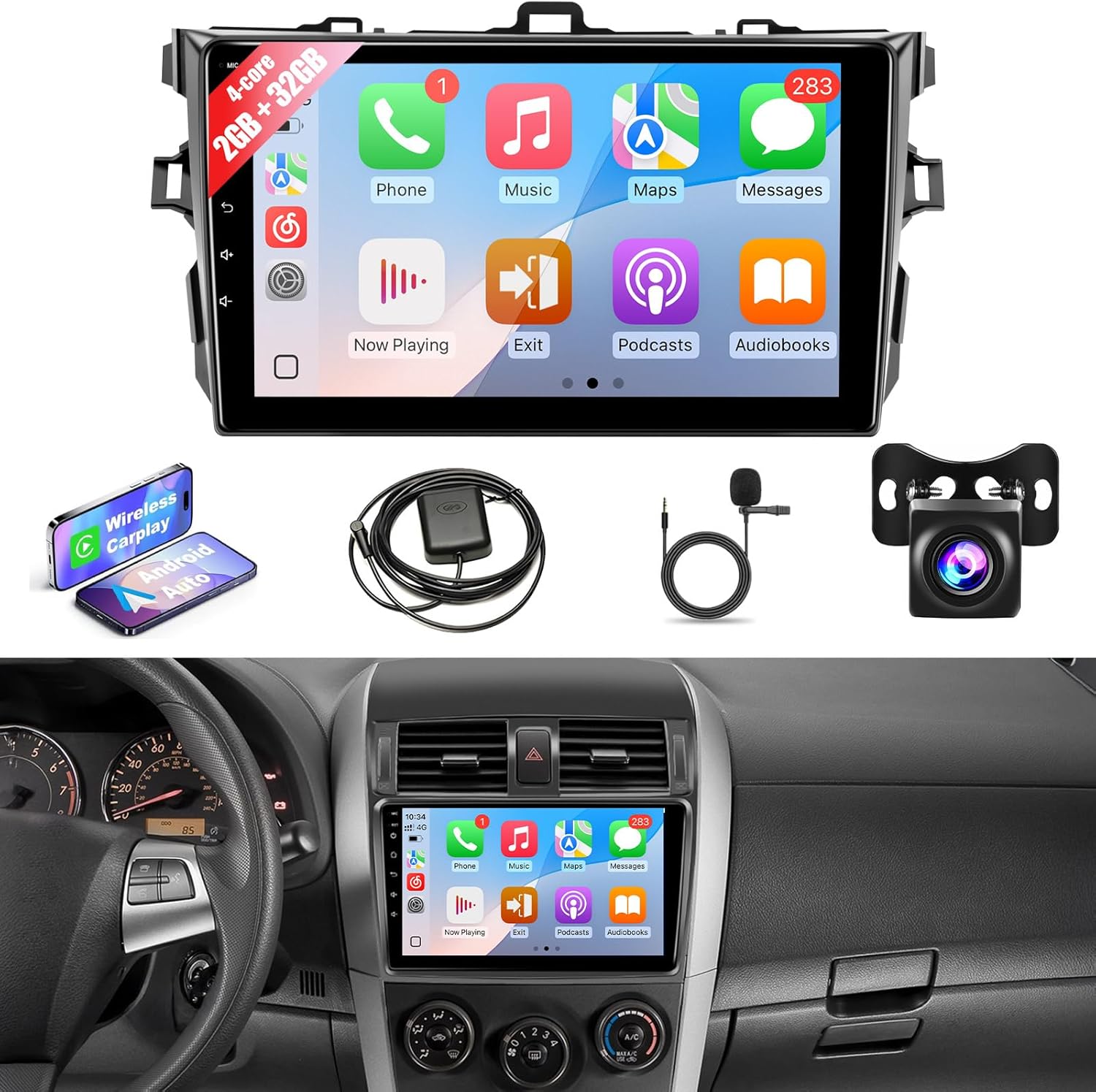 Leadfan Car Radio for Toyota Corolla 2008 2009 2010 2011 2012, Android Car Stereo Wireless Carplay, 9 inch Touch Screen for Corolla Android Auto Mirrorlink Bluetooth GPS WiFi FM RCA Backup Camera