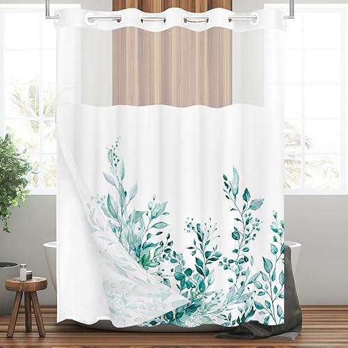 Miniatura 75 de Tititex - Juego de cortinas de ducha de hojas de eucalipto verde con cierres de presión, sin ganchos, forro interior verde, hojas de acuarela en la