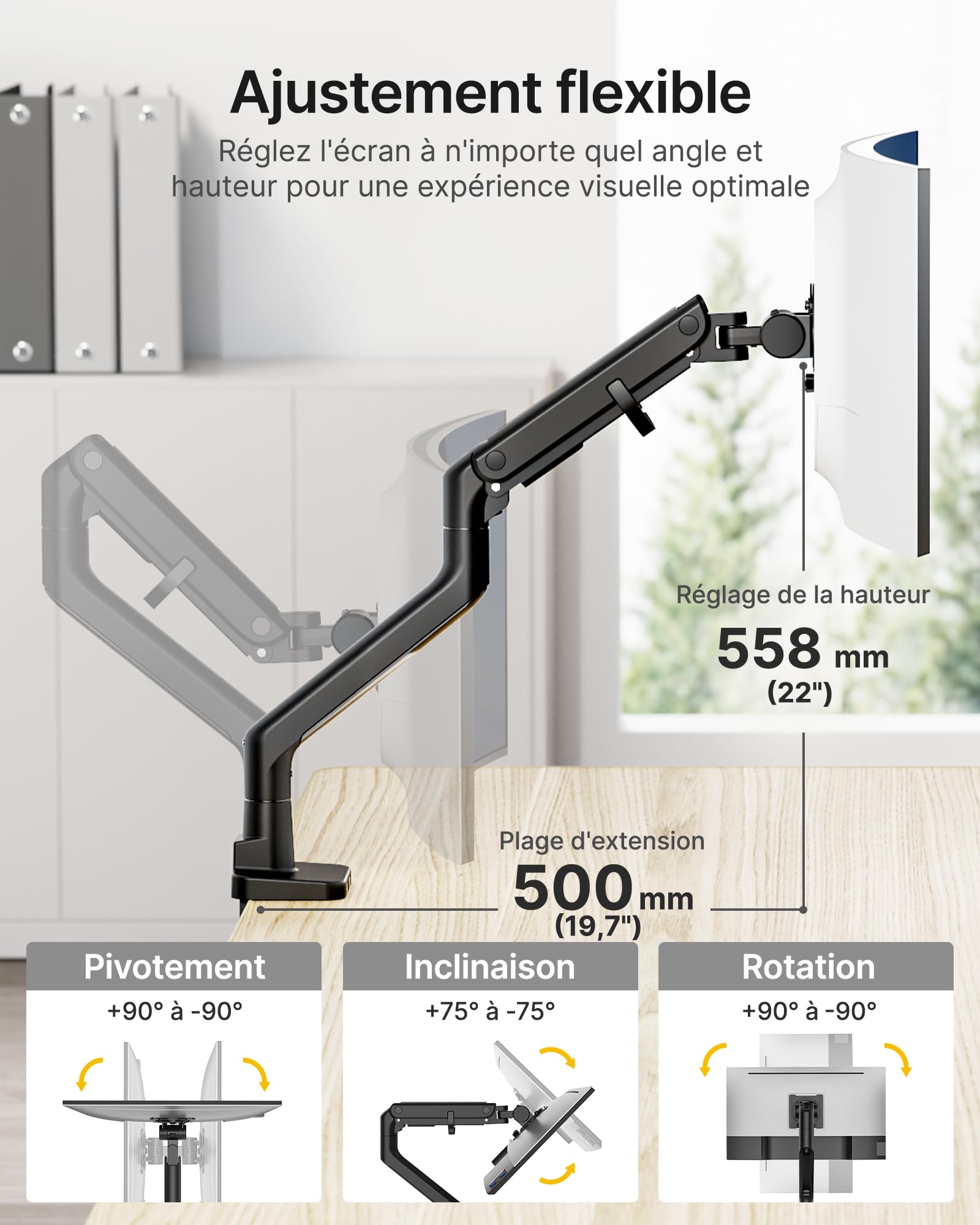 monTEK Bras Ecran PC17 à 57",Ports USB-A/C,VESA75/100,Charge Max27Kg