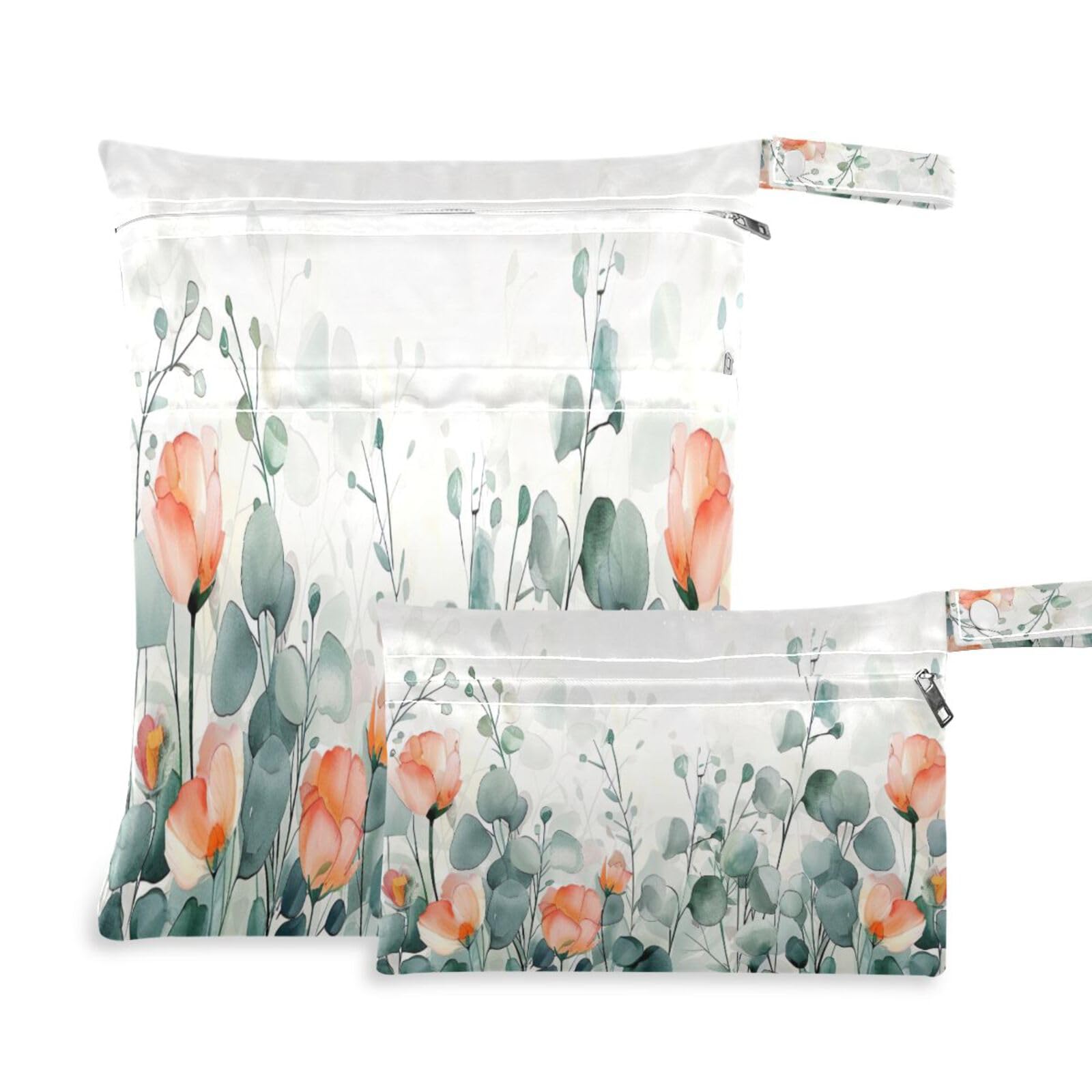 ATTX Watercolor Flowers Wet Dry Bags 2-Pack - Reusable Cloth Diaper Storage for Travel, Beach & Gym | Multi-Use Waterproof Bags for Swimsuits, Baby Clothes, Sports Gear#117