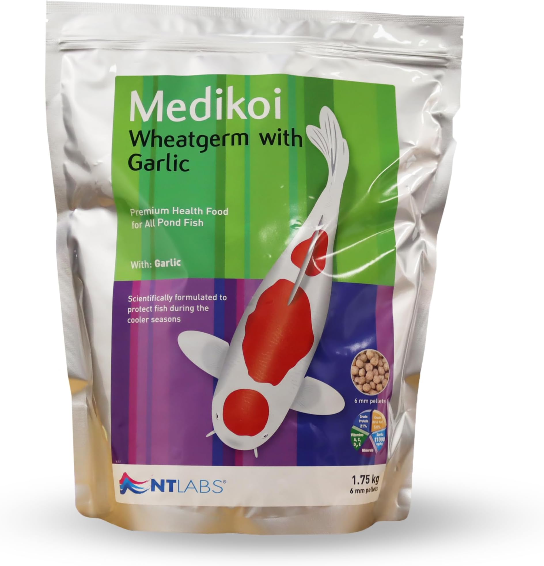 NT Labs Medikoi Wheatgerm With Garlic, Complete Feed For All Pond Fish, Ideal For Late Autumn, Winter & Early Spring Feeding, Maintains Immune System, Koi Fish Food (1.75kg, 6mm)