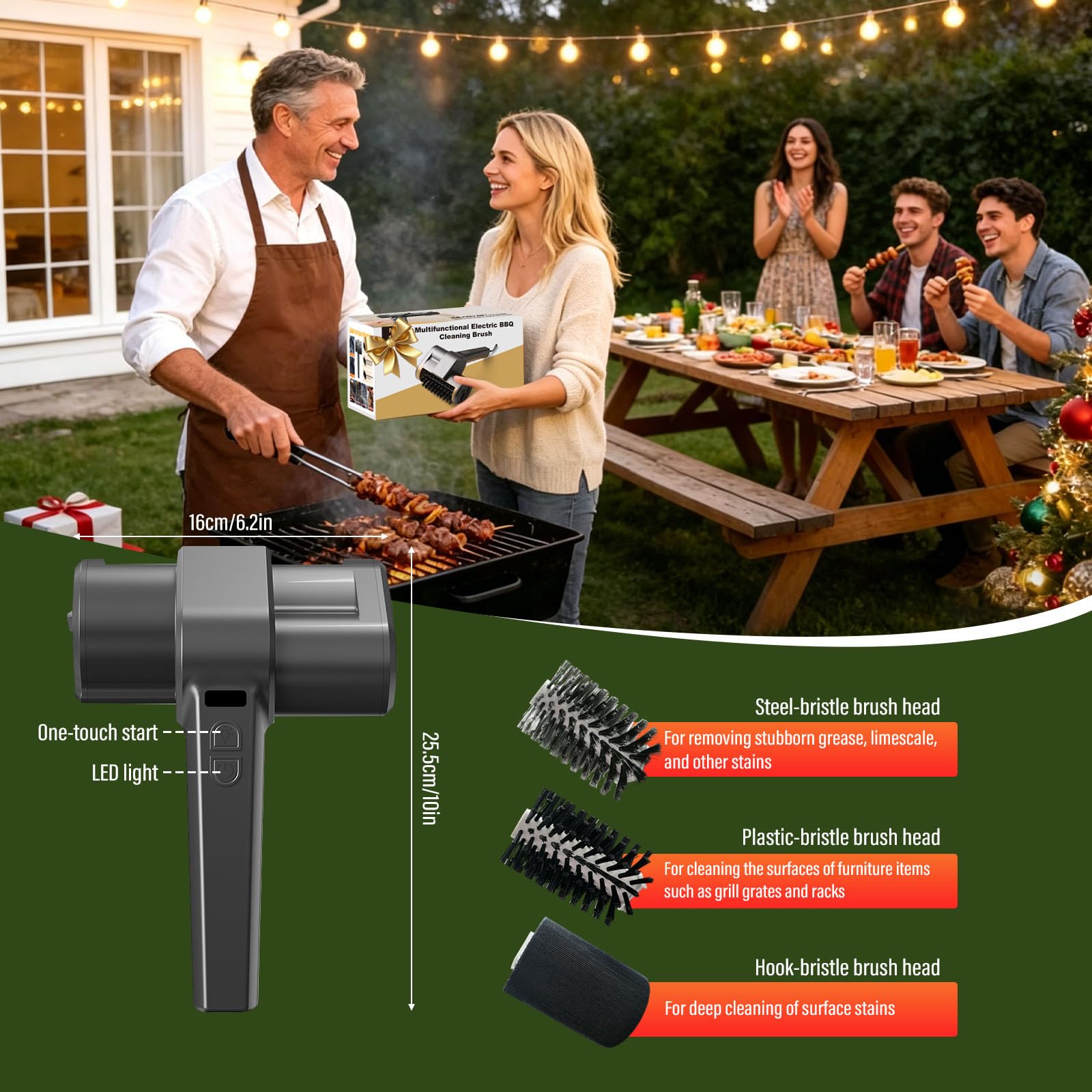 Limpiador De Parrilla Electrico,Electric Grill Brush,Modo De Limpieza De 2 Velocidades, Modo De Iluminación Led, Viene con 3 Cabezales De Cepillo De Diferentes Materiales, Adecuado para Parrillas