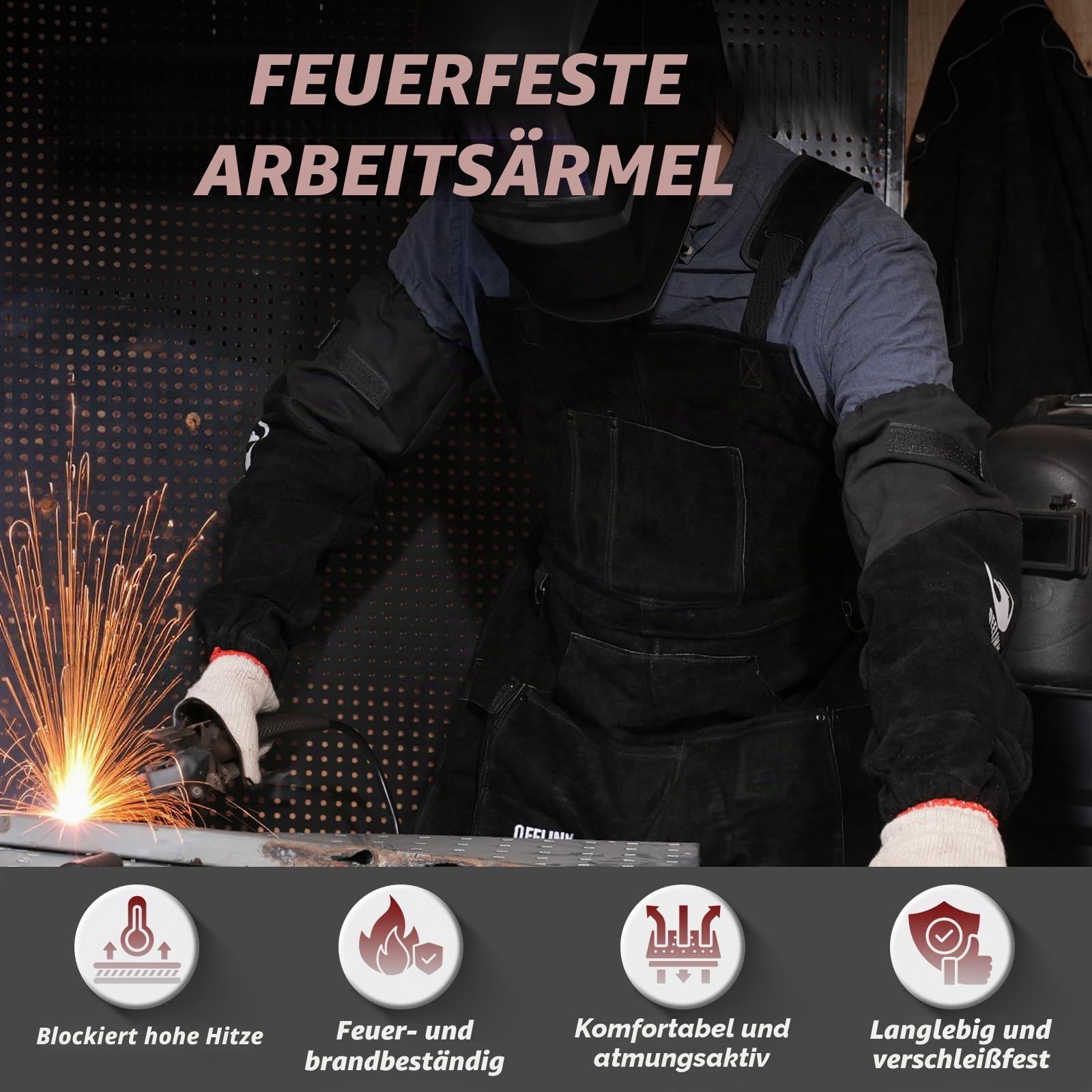 QeeLink Schweißer Ärmel aus Leder für Männer und Frauen - Hitzebeständiger, Flammenbeständiger Schweißerstulpen Genäht aus Kevlar mit Baumwollfutter (Mittelgroß, Schwarz)