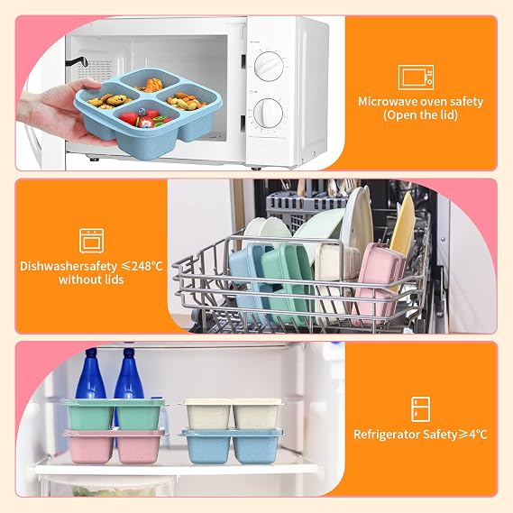 Bento Snack Boxes (4 Pack)- Reusable 4-Compartment Meal Prep Containers for Kids and Adults, Perfect Food Storage School, Compact Stackable (Wheat(Green/Blue/PK/Beige))