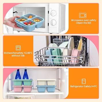 Bento Snack Boxes (4 Pack)- Reusable 4-Compartment Meal Prep Containers for Kids and Adults, Perfect Food Storage School, Compact Stackable (Wheat(Green/Blue/PK/Beige))