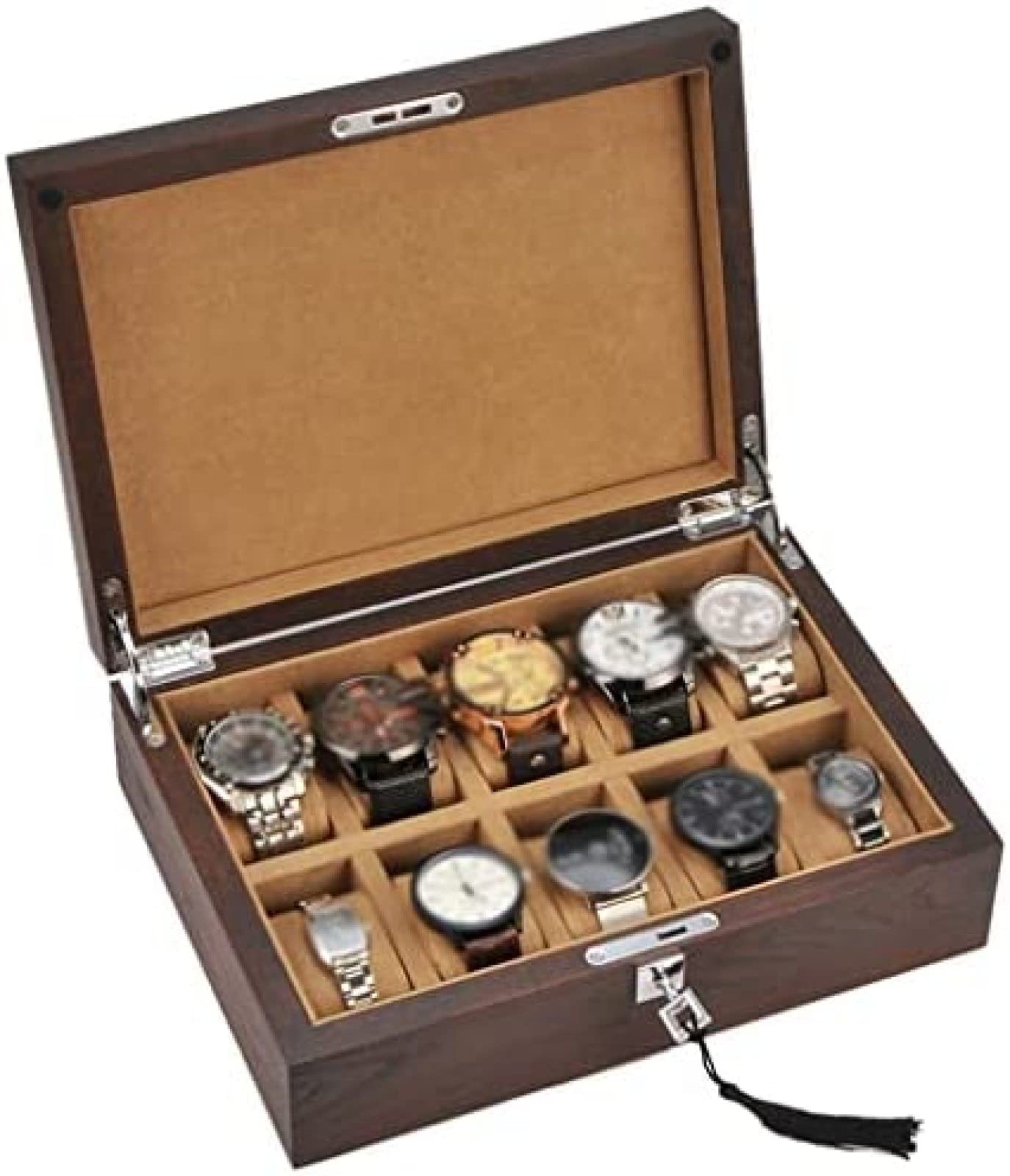 YNBSHGAA Wooden Watch Storage Box,Single Layer Large-Capacity Watch Box,Watch Storage Cabinet with Glass Cover,Birthday Gift for Friends,Brown,30x22x10.5cm,Brown-30x22x10.5cm