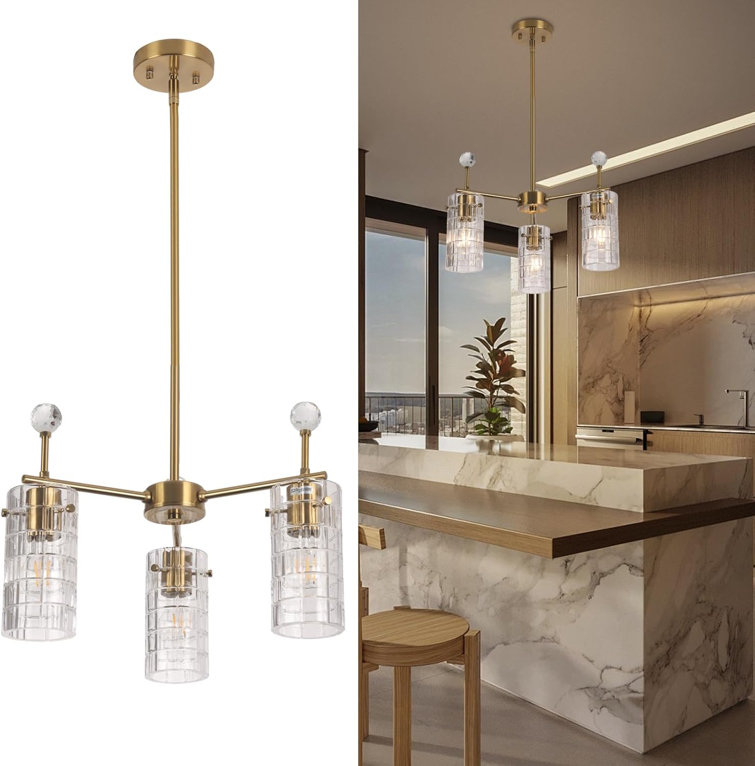 Modern Dining Room Light Fixture, 3-Light Chandelier Pendant Lighting Over Island, Adjustable Height Industrial Hanging Pendant Lights for Kitchen Island with Glass Shade(Copper)