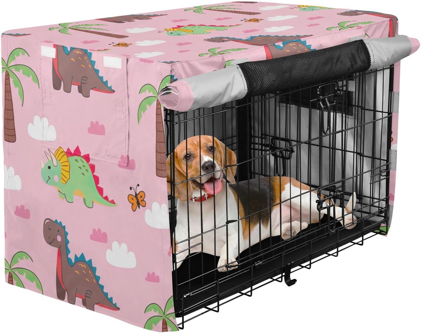 Colorful Cute Dinosaurs Pink Dog Crate Covers Breathable, S-XL Windproof Covers for Pet Cages, X-Large