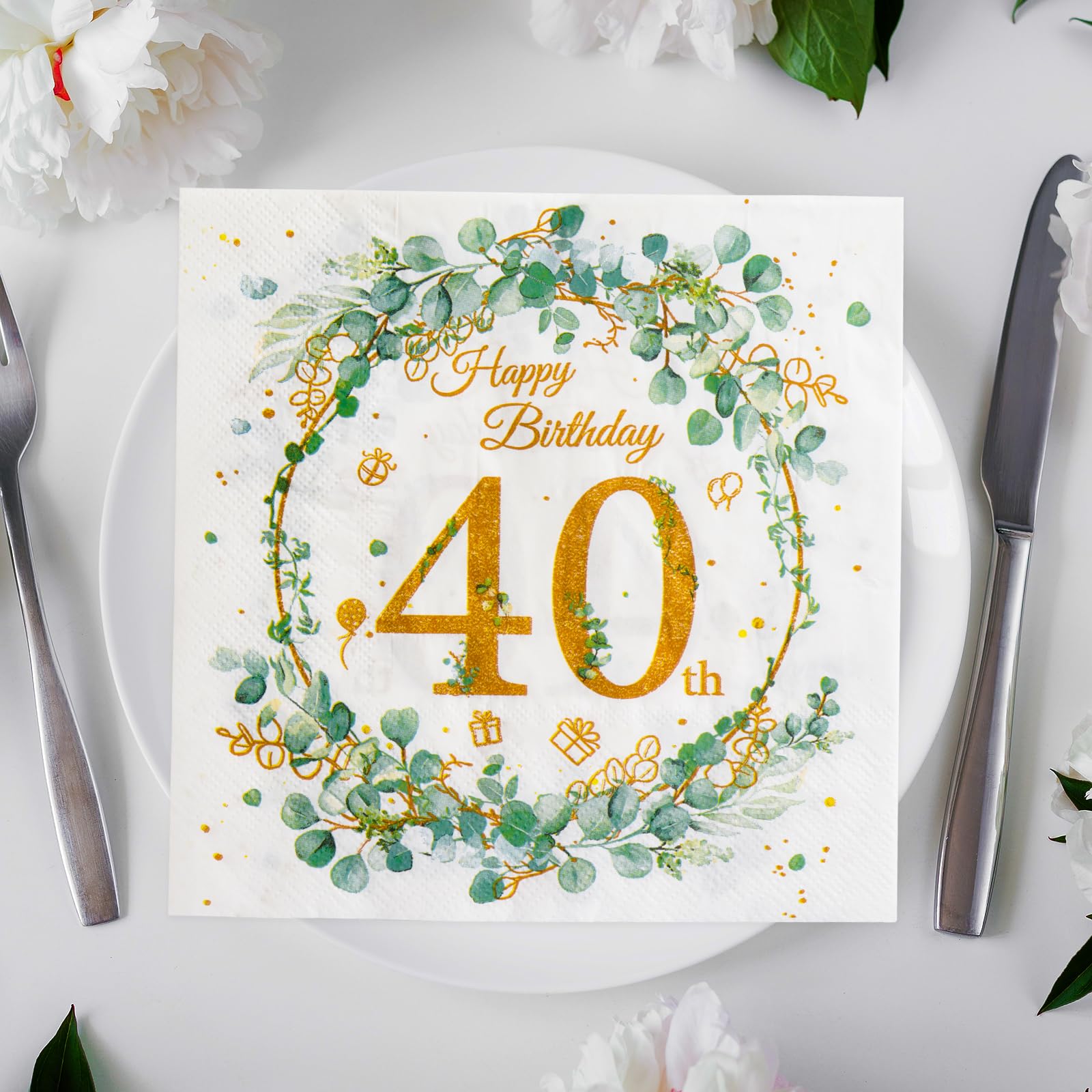 40 Serviettes En Papier Vert Sauge 33x33 Cm Pour Anniversaire, Mariage Ou Fête - Design élégant Avec Inscription Dorée