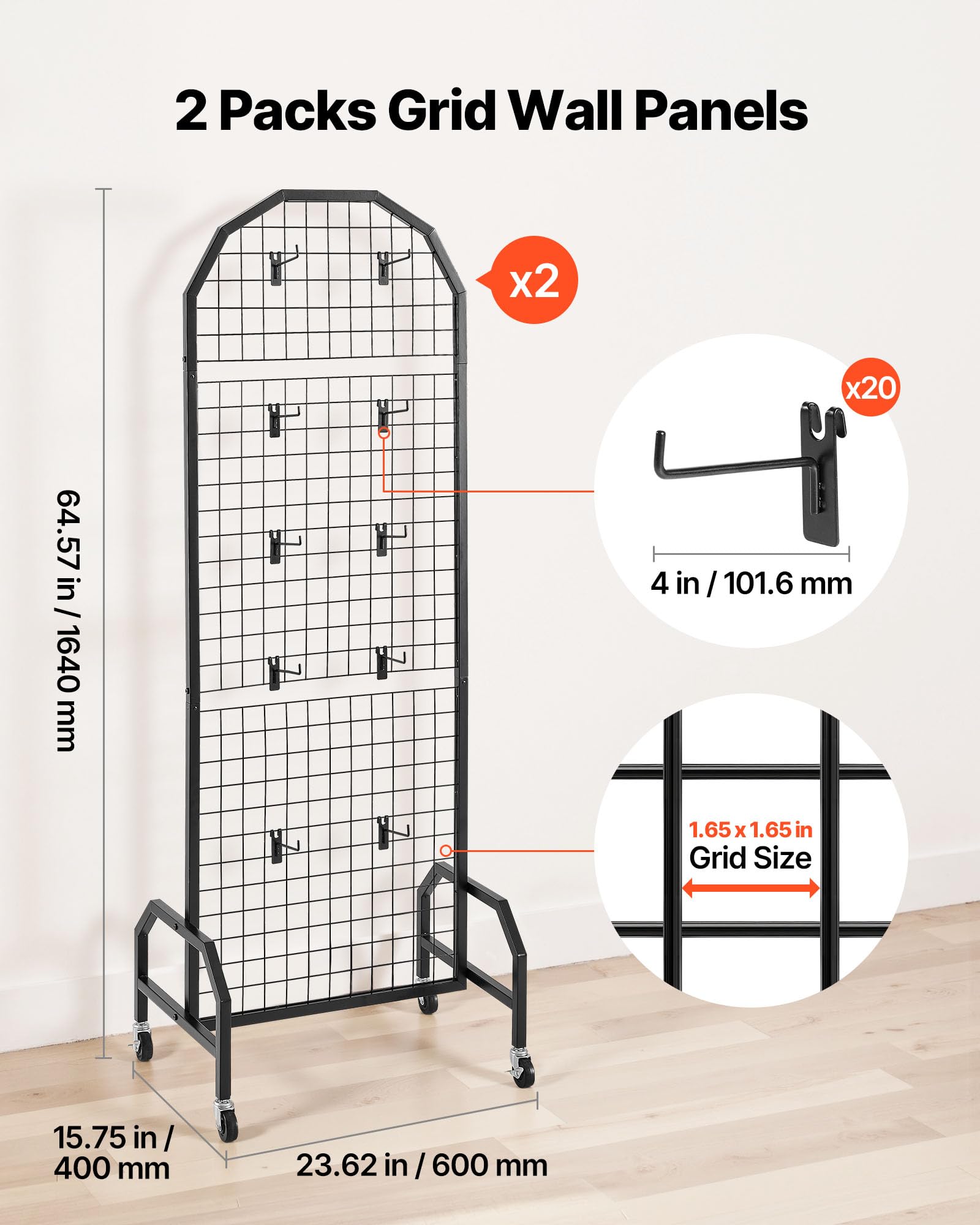 VEVOR Paneles de Pared de Rejilla, 2 Unidades, Expositor de 60 x 40 x 164 cm con Ruedas y 20 Ganchos, Estantes de Acero al Carbono, Estante para Exhibir Arte y Almacenar Decoración, Negro