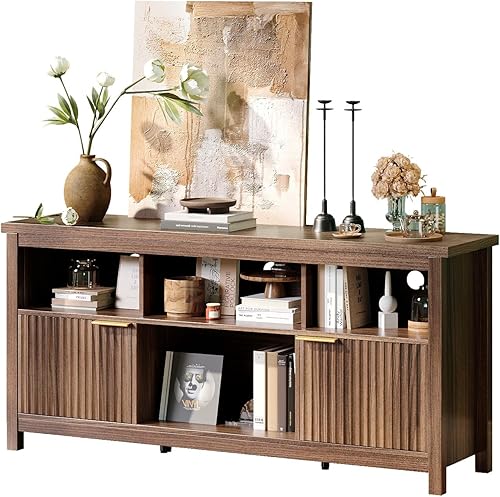 Miniatura 7 de VINGLI Soporte de TV acanalado de 58 pulgadas para televisores de hasta 70 pulgadas, moderno soporte de TV con almacenamiento y estantes ajustables,