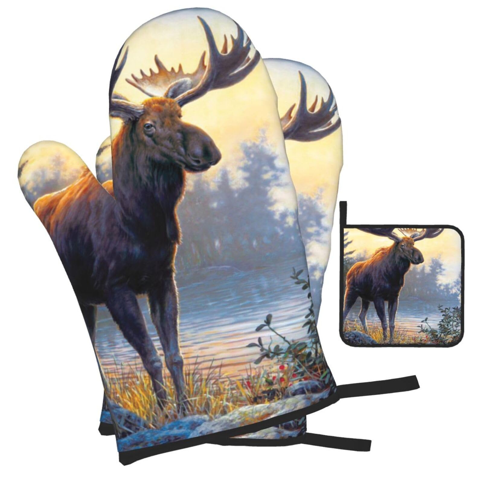 Moose Deer Printed Oven Mitts and Pot Holders Heat Resistant Set of 3 Pcs, Modern Kitchen Gloves & Potholders for Cooking Baking Grilling